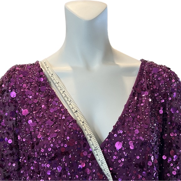 NWT Aidan Mattox Pink Purple Sequin Blouse Shirt Ruched Sleeves V Neck Size S - Picture 8 of 16